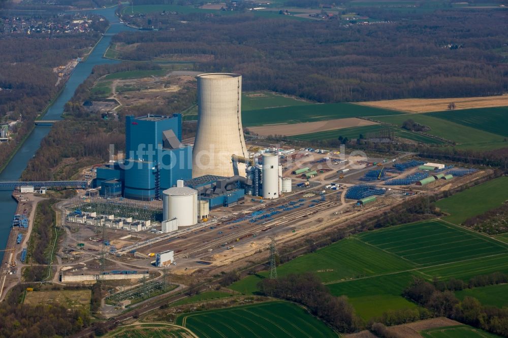 Datteln von oben - Baustelle des neue Steinkohlekraftwerk Datteln am Dortmund-Ems-Kanal im Bundesland Nordrhein-Westfalen