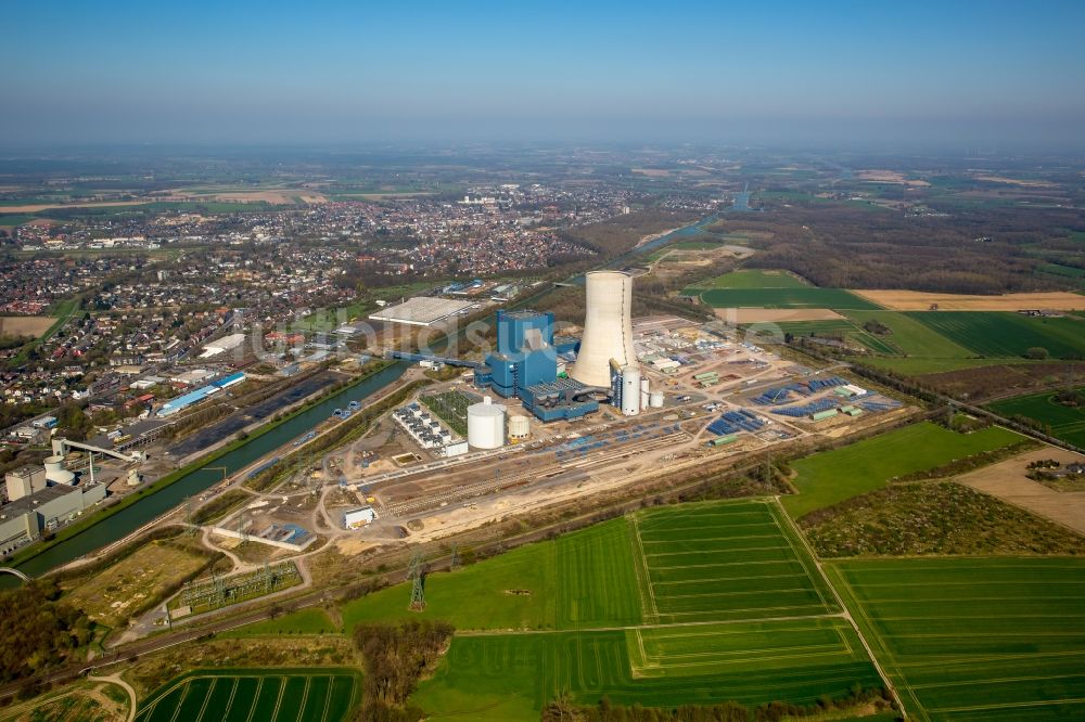 Datteln von oben - Baustelle des neue Steinkohlekraftwerk Datteln am Dortmund-Ems-Kanal im Bundesland Nordrhein-Westfalen