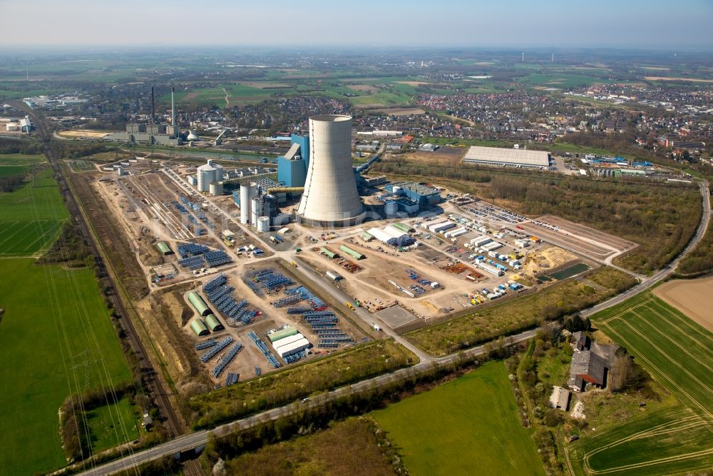 Luftaufnahme Datteln - Baustelle des neue Steinkohlekraftwerk Datteln am Dortmund-Ems-Kanal im Bundesland Nordrhein-Westfalen