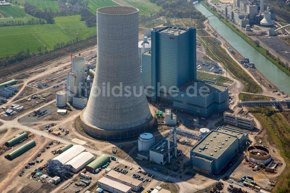 Datteln von oben - Baustelle des neue Steinkohlekraftwerk Datteln am Dortmund-Ems-Kanal im Bundesland Nordrhein-Westfalen