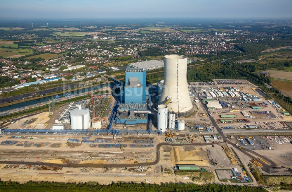 Luftaufnahme Datteln - Baustelle des neue Steinkohlekraftwerk Datteln am Dortmund-Ems-Kanal im Bundesland Nordrhein-Westfalen