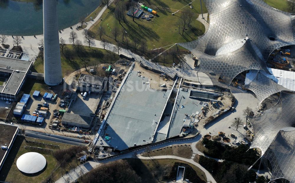 Luftaufnahme München - Baustelle der neuen Kleinen Olympiahalle in München