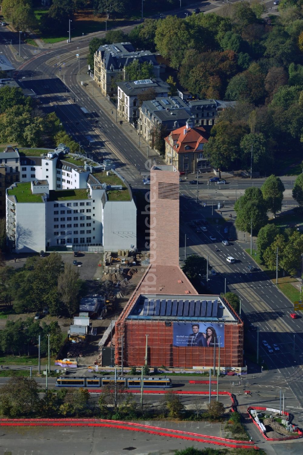 Luftaufnahme Leipzig - Baustelle der neuen Propsteikirche St. Trinitatis in der Innenstadt von Leipzig im Bundesland Sachsen