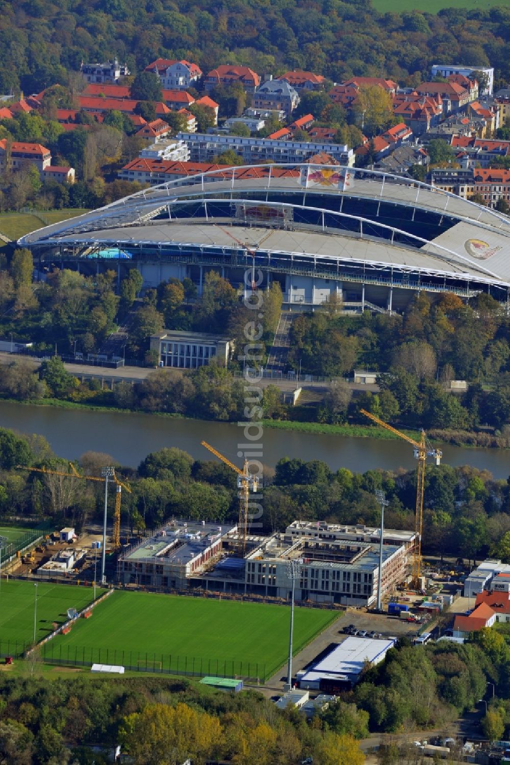 Leipzig von oben - Baustelle des neuen Trainingszentrums des RB Leipzig im Bundesland Sachsen