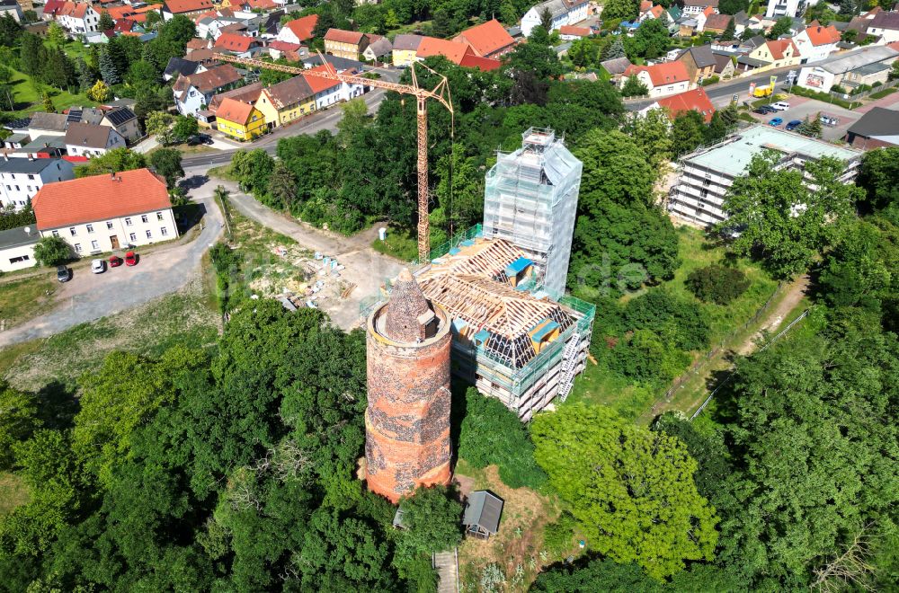 Muldestausee von oben - Baustelle mit Rekonstruktions- und Sanierungsarbeiten am Palais des Schloss Pouch in Pouch im Bundesland Sachsen-Anhalt, Deutschland