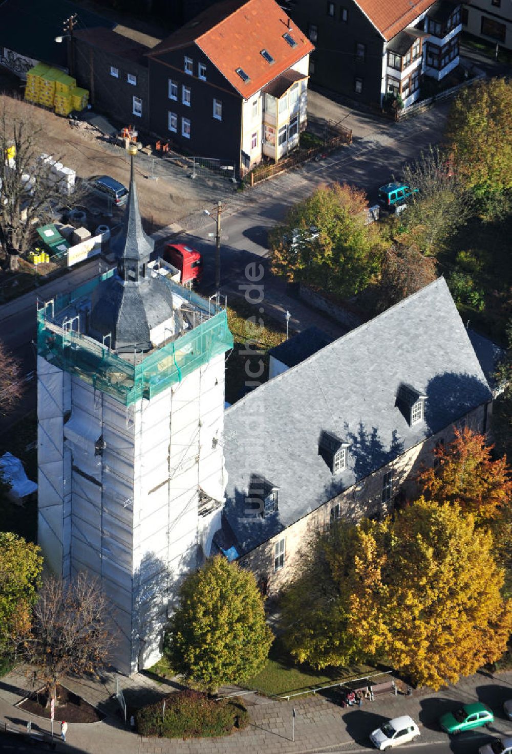 Luftbild Friedrichroda - Baustelle an der Sankt Blasius Kirche in Friedrichroda in Thüringen