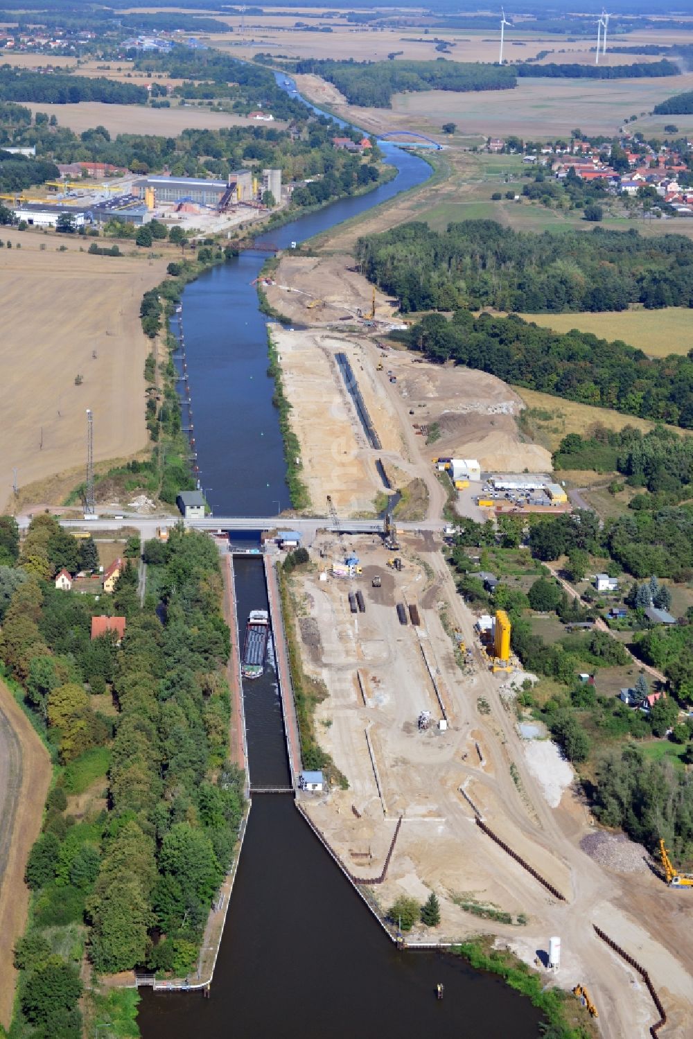 Zerben aus der Vogelperspektive: Baustelle Schleuse Zerben und Zerbener Brücke am Elbe-Havel-Kanal im Bundesland Sachsen-Anhalt