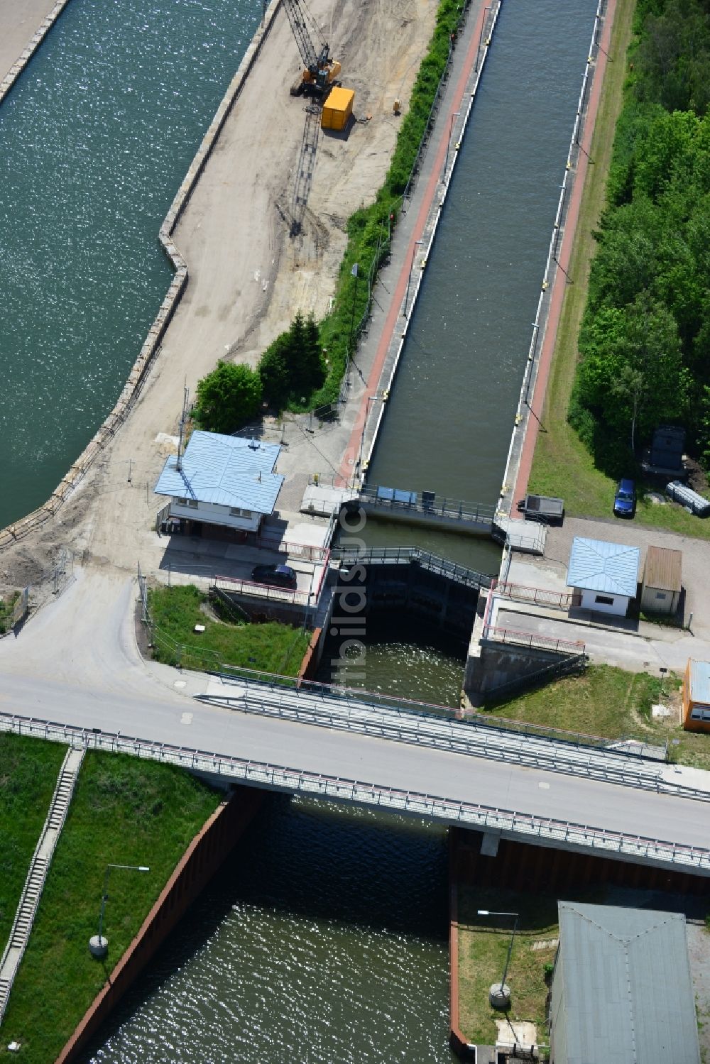 Luftbild Zerben - Baustelle Schleuse Zerben und Zerbener Brücke am Elbe-Havel-Kanal im Bundesland Sachsen-Anhalt