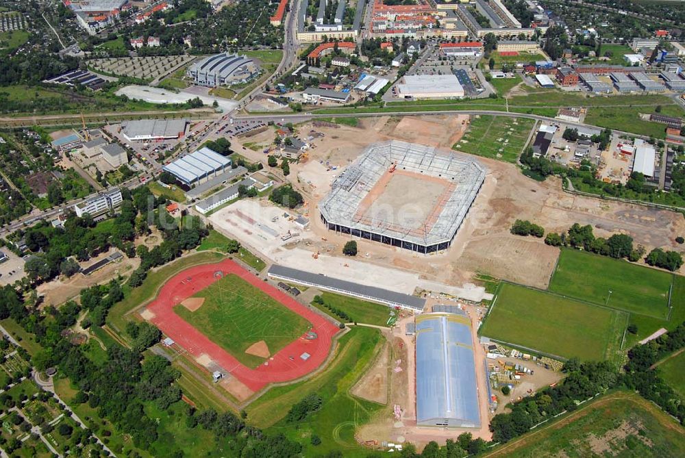 Magdeburg aus der Vogelperspektive: Baustelle des Stadion in Magdeburg-Brückfeld