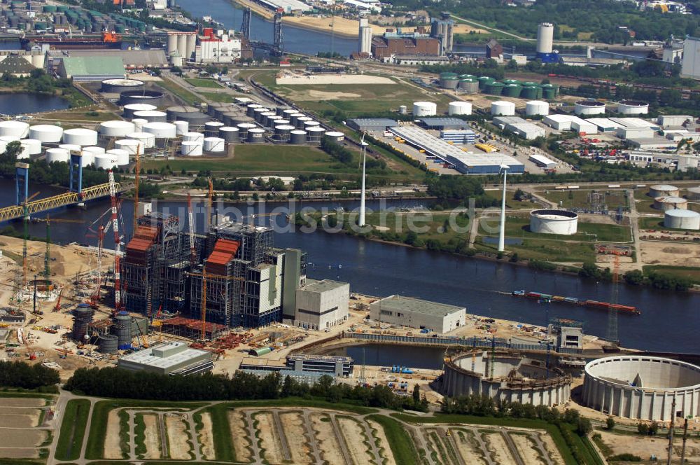 Hamburg aus der Vogelperspektive: Baustelle vom Steinkohlekraftwerk Moorburg Neubau an der Elbe in Hamburg