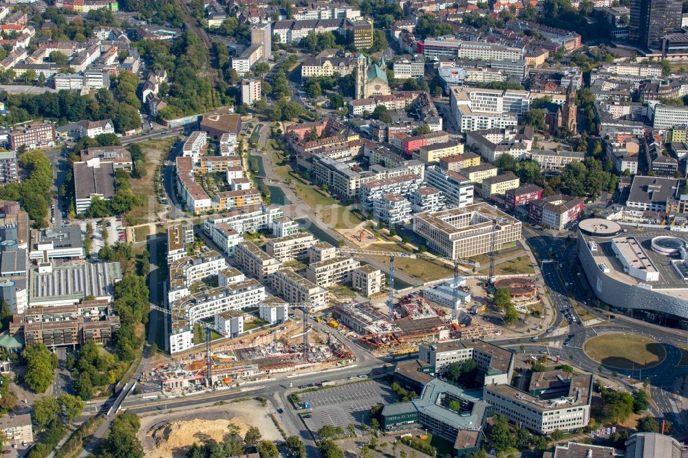 Luftaufnahme Essen - Baustelle der Unternehmenszentrale der Funke Mediengruppe am Berliner Platz in Essen im Bundesland Nordrhein-Westfalen