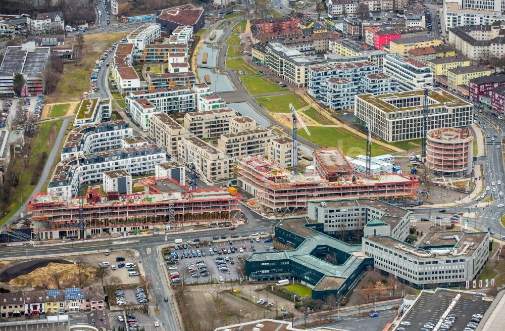 Luftaufnahme Essen - Baustelle der Unternehmenszentrale der Funke Mediengruppe am Berliner Platz in Essen im Bundesland Nordrhein-Westfalen