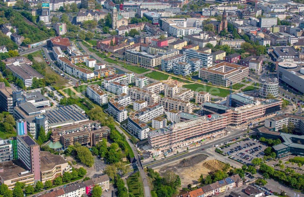 Essen von oben - Baustelle der Unternehmenszentrale der Funke Mediengruppe am Berliner Platz in Essen im Bundesland Nordrhein-Westfalen