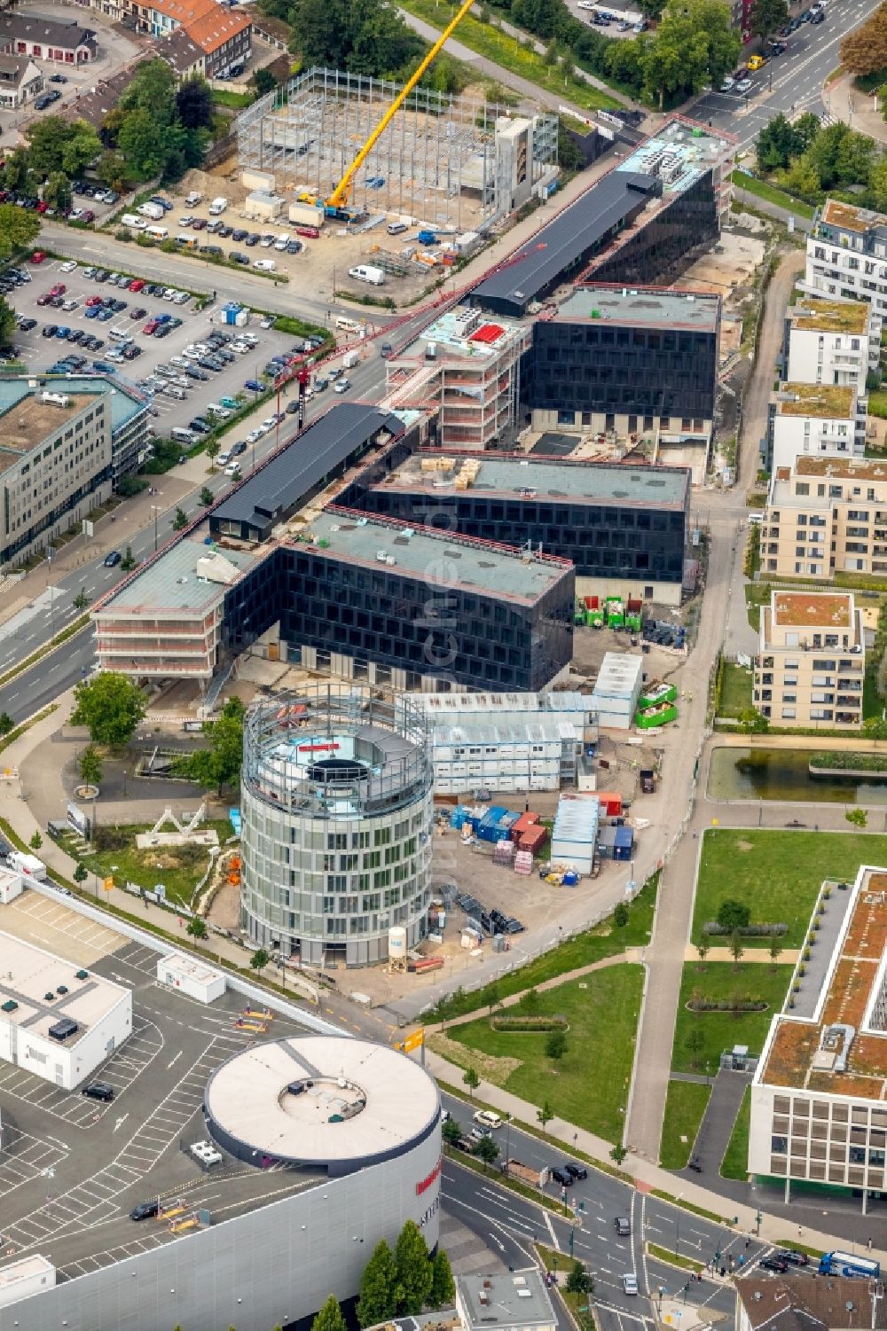 Essen aus der Vogelperspektive: Baustelle der Unternehmenszentrale der Funke Mediengruppe am Berliner Platz in Essen im Bundesland Nordrhein-Westfalen