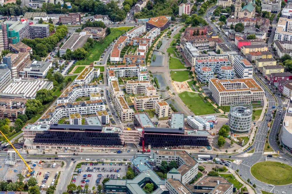 Luftaufnahme Essen - Baustelle der Unternehmenszentrale der Funke Mediengruppe am Berliner Platz in Essen im Bundesland Nordrhein-Westfalen