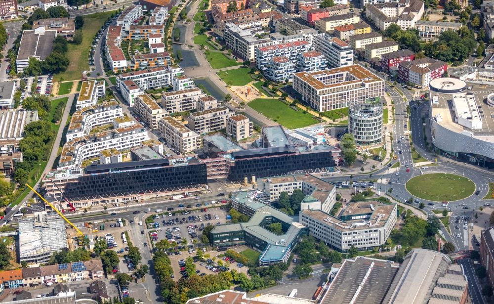 Luftaufnahme Essen - Baustelle der Unternehmenszentrale der Funke Mediengruppe am Berliner Platz in Essen im Bundesland Nordrhein-Westfalen