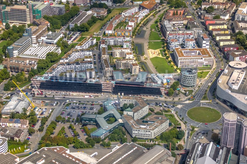 Luftaufnahme Essen - Baustelle der Unternehmenszentrale der Funke Mediengruppe am Berliner Platz in Essen im Bundesland Nordrhein-Westfalen