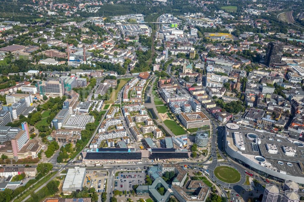 Luftaufnahme Essen - Baustelle der Unternehmenszentrale der Funke Mediengruppe am Berliner Platz in Essen im Bundesland Nordrhein-Westfalen