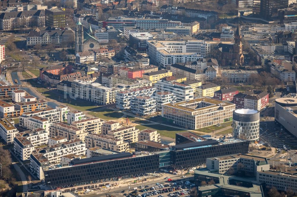 Luftaufnahme Essen - Baustelle der Unternehmenszentrale der Funke Mediengruppe am Berliner Platz in Essen im Bundesland Nordrhein-Westfalen