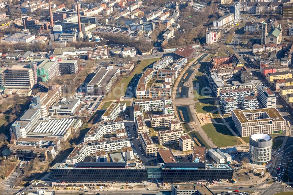 Essen aus der Vogelperspektive: Baustelle der Unternehmenszentrale der Funke Mediengruppe am Berliner Platz in Essen im Bundesland Nordrhein-Westfalen