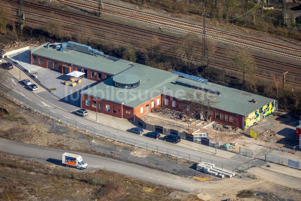 Luftbild Bochum - Baustelle der Veranstaltungshalle Rotunde – Alter Bochumer Hauptbahnhof am Konrad-Adenauer-Platz in Bochum im Bundesland Nordrhein-Westfalen - NRW, Deutschland