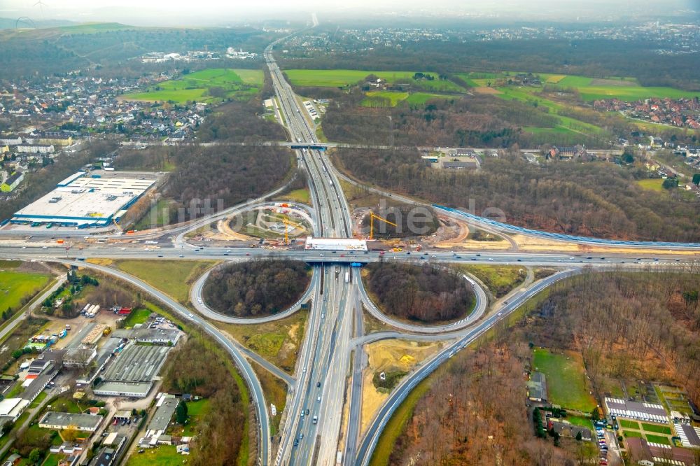 Recklinghausen aus der Vogelperspektive: Baustelle an der Verkehrsführung am Autobahnkreuz der BAB A2 - A43 in Recklinghausen im Bundesland Nordrhein-Westfalen, Deutschland