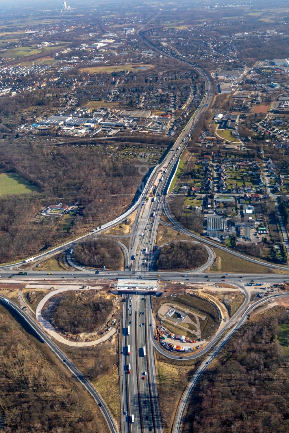 Recklinghausen von oben - Baustelle an der Verkehrsführung am Autobahnkreuz der BAB A2 - A43 in Recklinghausen im Bundesland Nordrhein-Westfalen, Deutschland