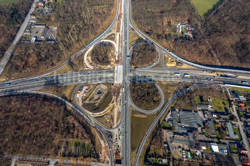 Recklinghausen aus der Vogelperspektive: Baustelle an der Verkehrsführung am Autobahnkreuz der BAB A2 - A43 in Recklinghausen im Bundesland Nordrhein-Westfalen, Deutschland