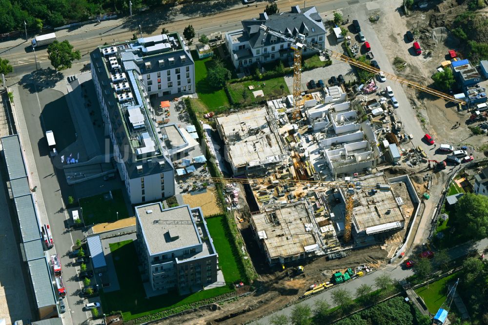 Dresden von oben - Baustelle Wohngebiet einer Mehrfamilienanlage des Projekts Hafencity entlang der Leipziger Straße in Dresden im Bundesland Sachsen, Deutschland