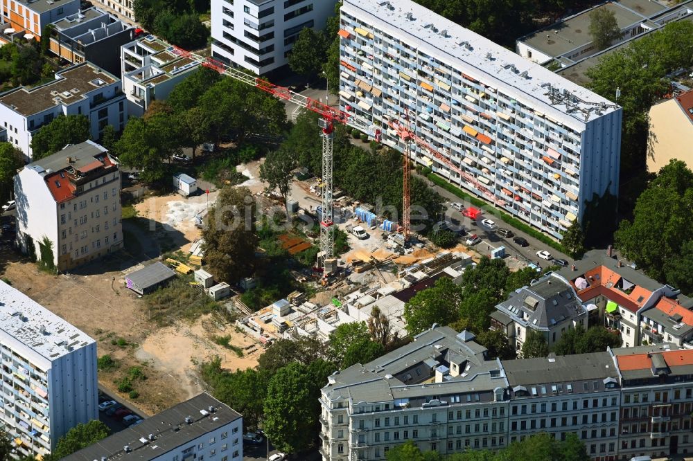 Luftaufnahme Leipzig - Baustelle Wohngebiet einer Mehrfamilienhaussiedlung Grassistraße Ecke Haydnstraße in Leipzig im Bundesland Sachsen, Deutschland