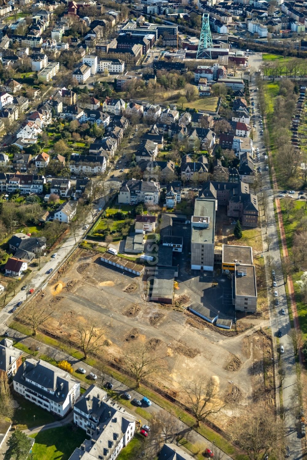 Luftaufnahme Bochum - Baustelle Wohngebiet einer Mehrfamilienhaussiedlung an der Herderallee - Wielandstraße - Lessingstraße in Bochum im Bundesland Nordrhein-Westfalen, Deutschland