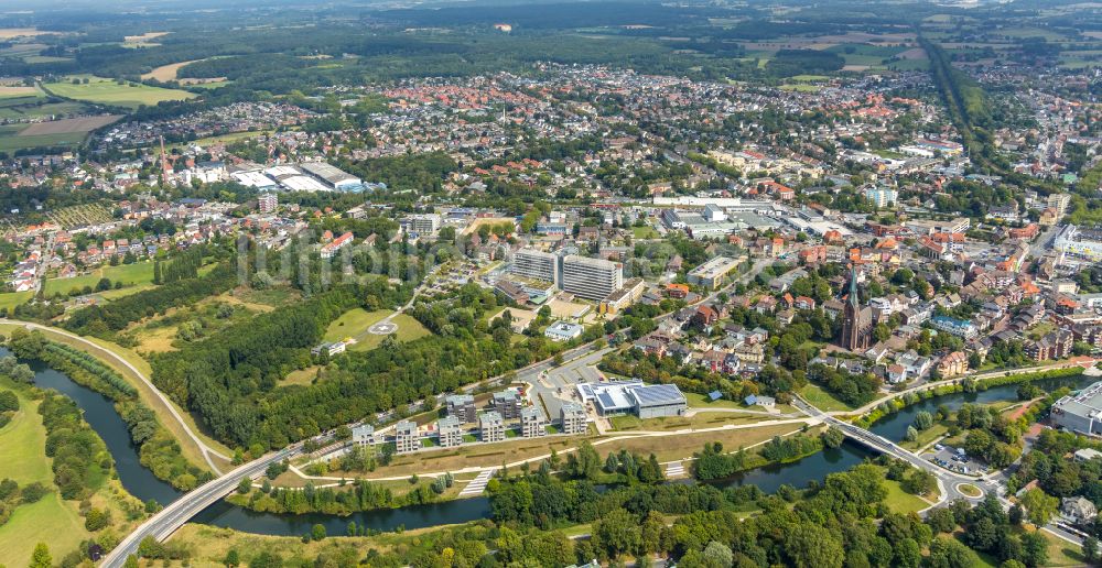 Lünen aus der Vogelperspektive: Baustelle Wohngebiet einer Mehrfamilienhaussiedlung Lippewohnpark - Wohnen am Flusspark in Lünen im Bundesland Nordrhein-Westfalen, Deutschland