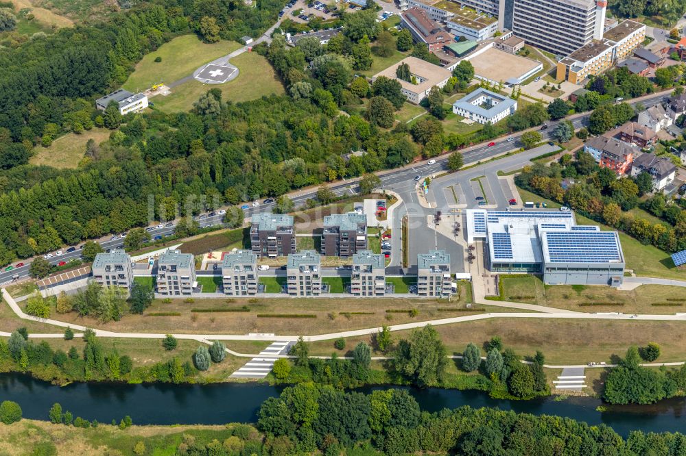 Luftbild Lünen - Baustelle Wohngebiet einer Mehrfamilienhaussiedlung Lippewohnpark - Wohnen am Flusspark in Lünen im Bundesland Nordrhein-Westfalen, Deutschland