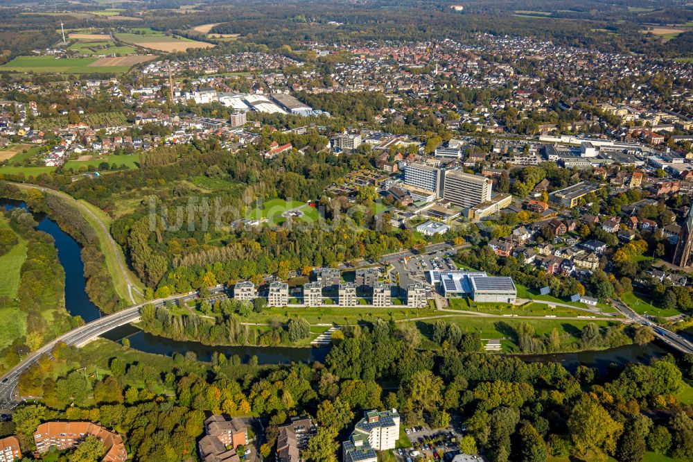 Luftaufnahme Lünen - Baustelle Wohngebiet einer Mehrfamilienhaussiedlung Lippewohnpark - Wohnen am Flusspark in Lünen im Bundesland Nordrhein-Westfalen, Deutschland