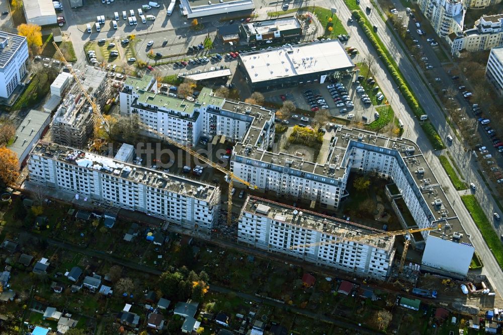 Berlin aus der Vogelperspektive: Baustelle Wohngebiet einer Mehrfamilienhaussiedlung an der Prenzlauer Promenade im Ortsteil Heinersdorf in Berlin, Deutschland