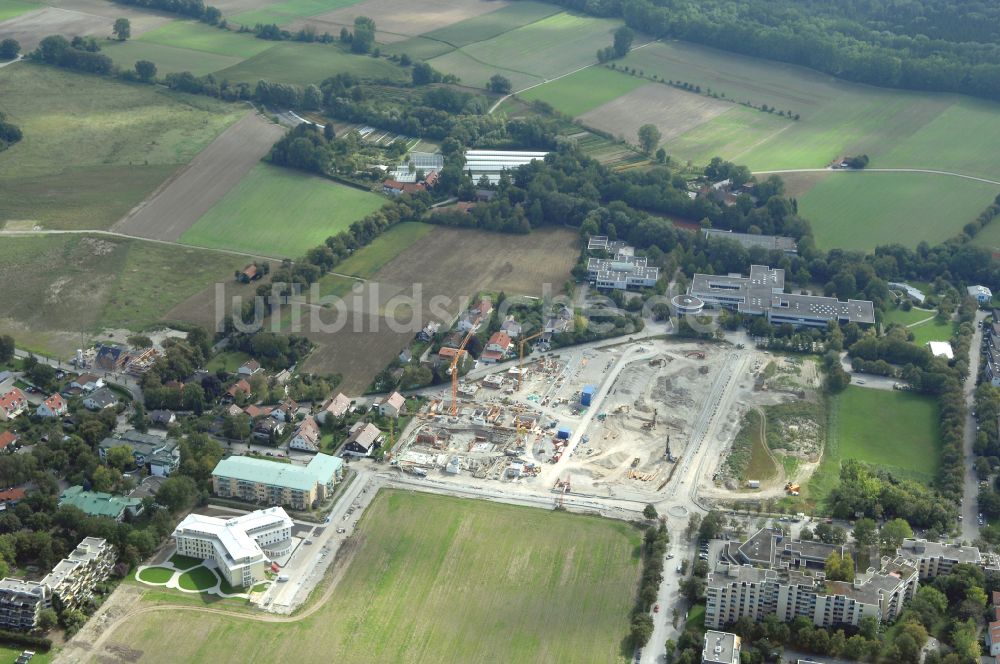 Garching bei München aus der Vogelperspektive: Baustelle Wohngebiet einer Mehrfamilienhaussiedlung Professor-Angermair-Ring Ecke Mühlfeldweg in Garching bei München im Bundesland Bayern, Deutschland