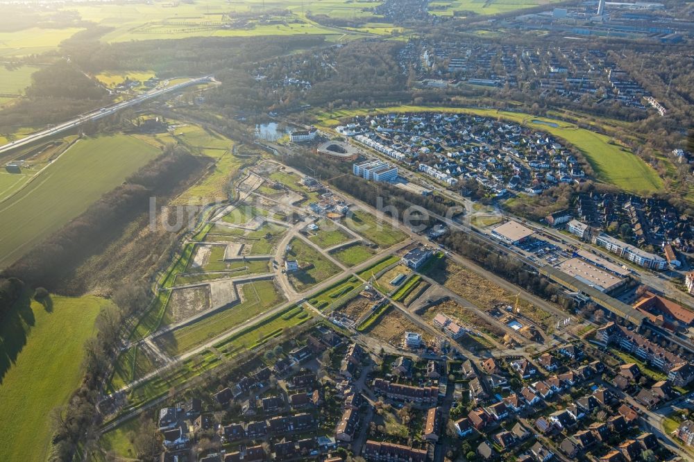 Duisburg aus der Vogelperspektive: Baustelle eines Wohngebiets Am Alten Angerbach in Duisburg im Bundesland Nordrhein-Westfalen, Deutschland