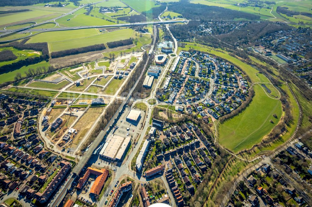 Duisburg von oben - Baustelle eines Wohngebiets Am Alten Angerbach in Duisburg im Bundesland Nordrhein-Westfalen, Deutschland