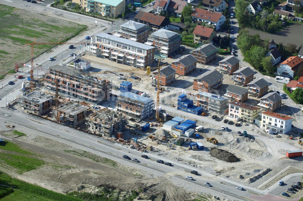 Luftbild Garching - Baustelle des Wohnneubaugebietes Garching der Concept Bau - Premier GmbH