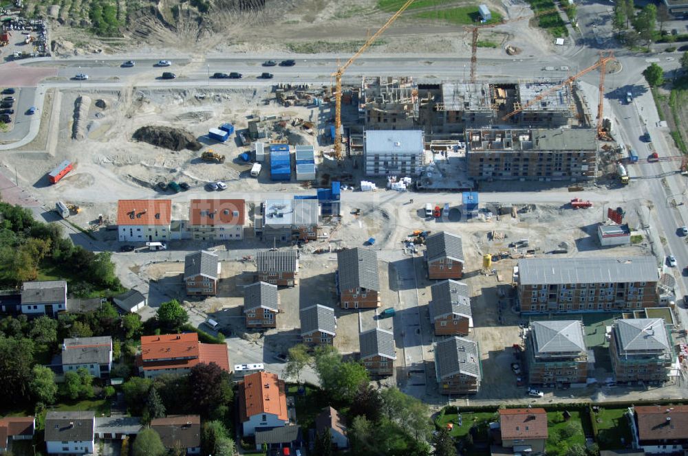 Luftbild Garching - Baustelle des Wohnneubaugebietes Garching der Concept Bau - Premier GmbH