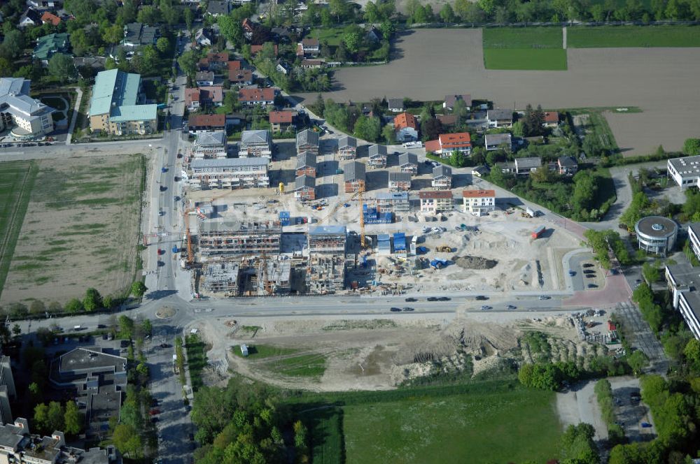 Luftbild Garching - Baustelle des Wohnneubaugebietes Garching der Concept Bau - Premier GmbH