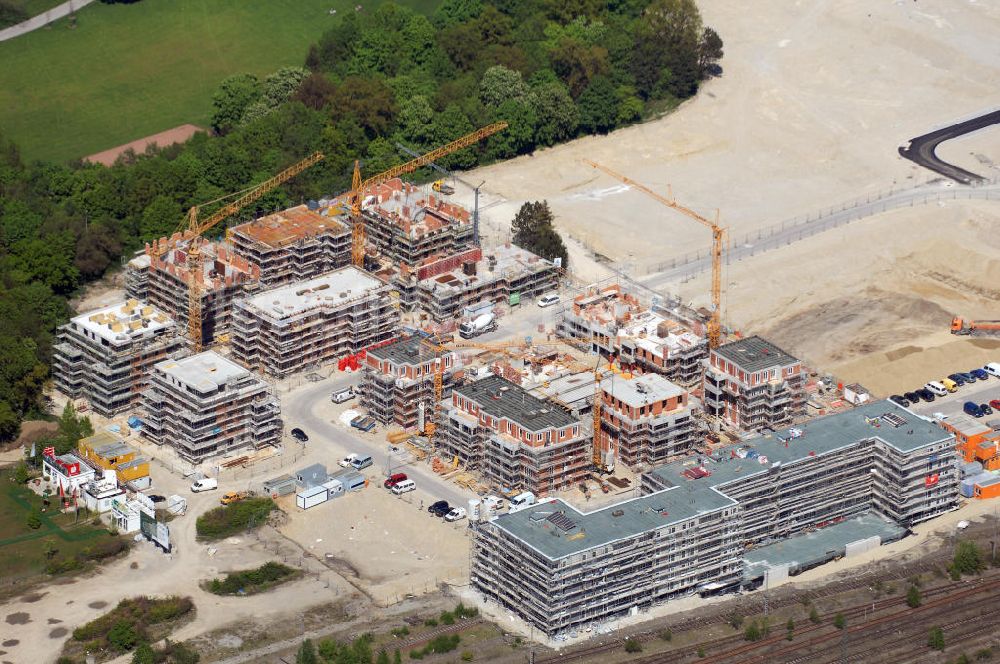 München aus der Vogelperspektive: Baustelle des Wohnneubaugebietes am Hirchgarten der Concept Bau - Premier GmbH