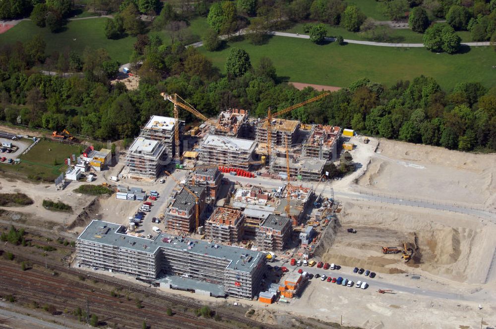 München aus der Vogelperspektive: Baustelle des Wohnneubaugebietes am Hirchgarten der Concept Bau - Premier GmbH