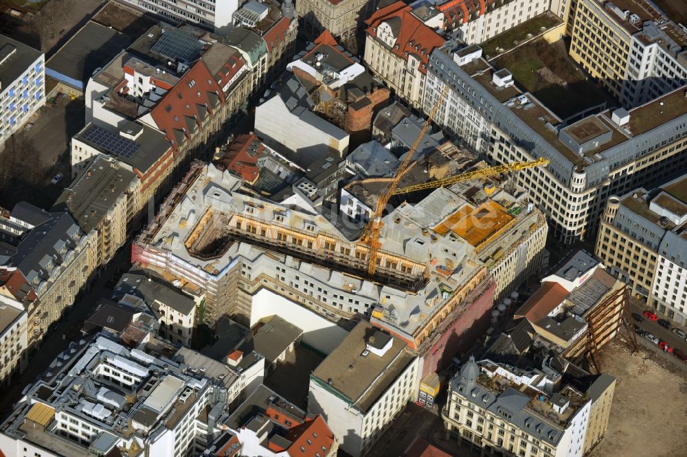 Leipzig aus der Vogelperspektive: Baustelle zum Hotel - Neubau der Motel One Gruppe im Areal an der Ritterstraße - Nikolaistraße im Zentrum von Lepzig in Sachsen