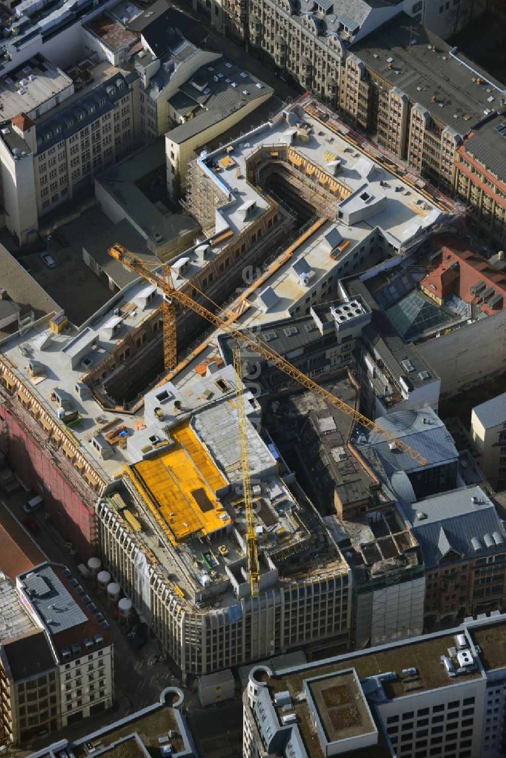 Luftbild Leipzig - Baustelle zum Hotel - Neubau der Motel One Gruppe im Areal an der Ritterstraße - Nikolaistraße im Zentrum von Lepzig in Sachsen