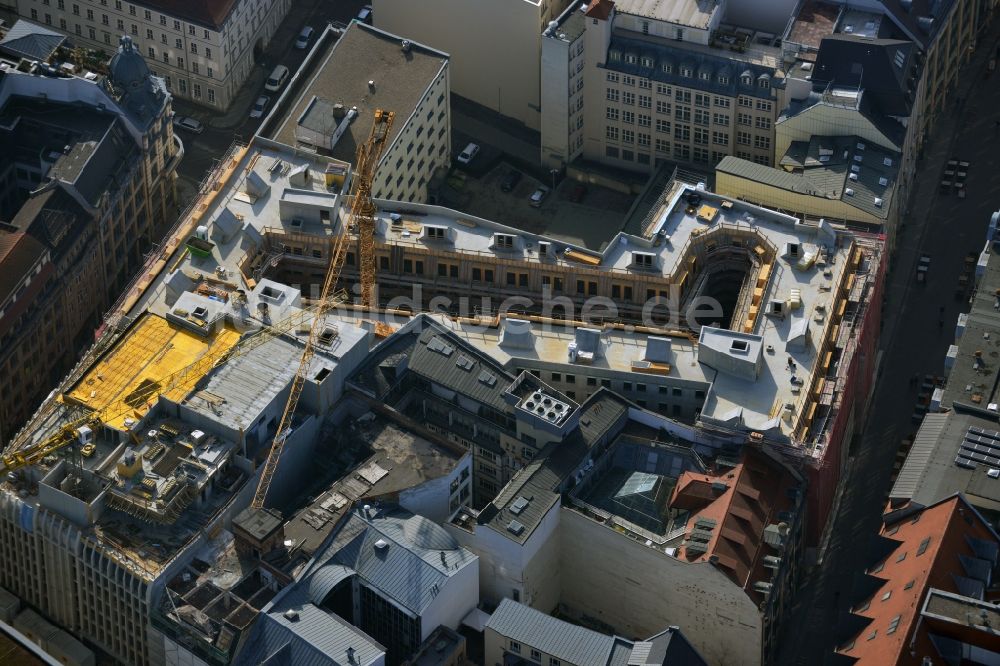 Leipzig aus der Vogelperspektive: Baustelle zum Hotel - Neubau der Motel One Gruppe im Areal an der Ritterstraße - Nikolaistraße im Zentrum von Lepzig in Sachsen