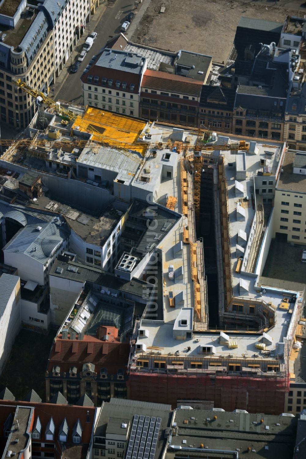 Luftbild Leipzig - Baustelle zum Hotel - Neubau der Motel One Gruppe im Areal an der Ritterstraße - Nikolaistraße im Zentrum von Lepzig in Sachsen