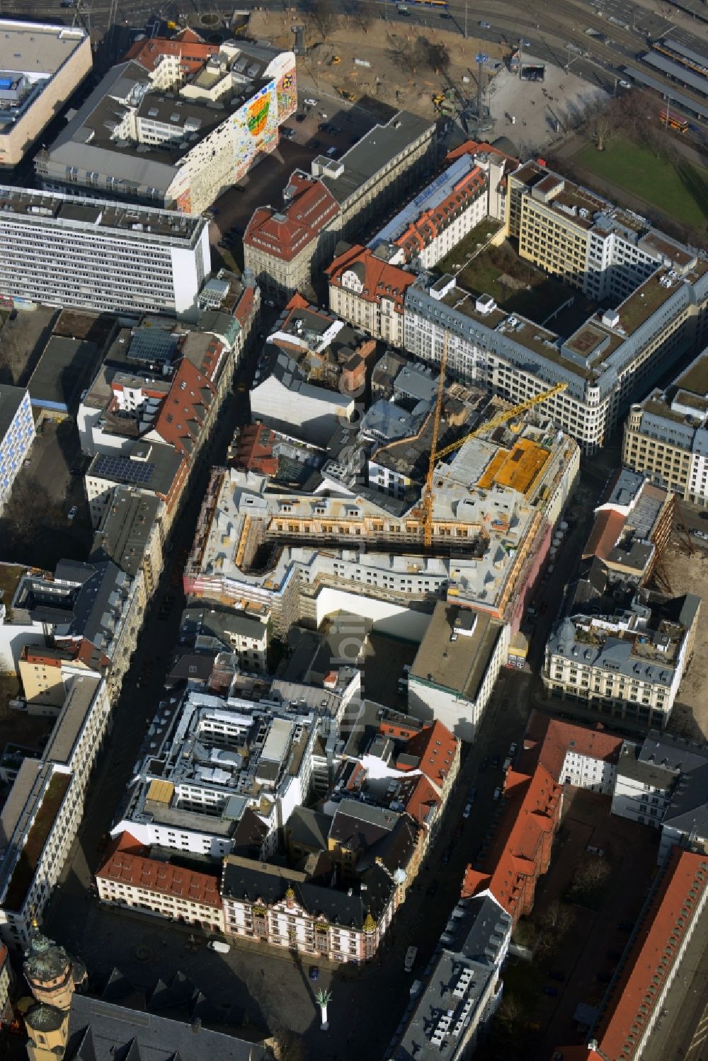 Leipzig von oben - Baustelle zum Hotel - Neubau der Motel One Gruppe im Areal an der Ritterstraße - Nikolaistraße im Zentrum von Lepzig in Sachsen