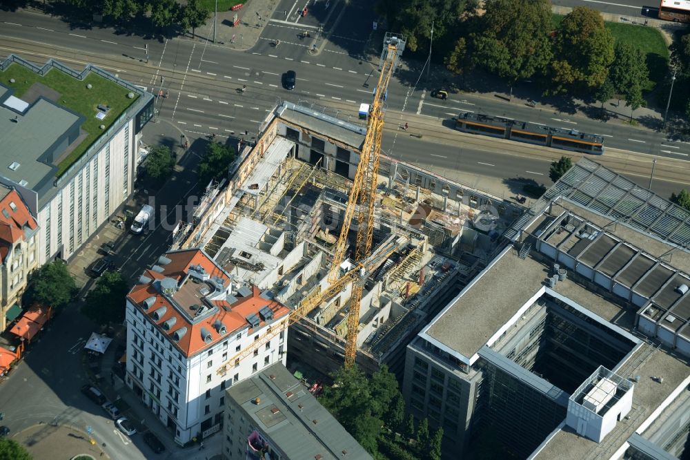 Leipzig aus der Vogelperspektive: Baustelle zum Neu- und Umbau des Kosmos-Ensemble in Leipzig im Bundesland Sachsen