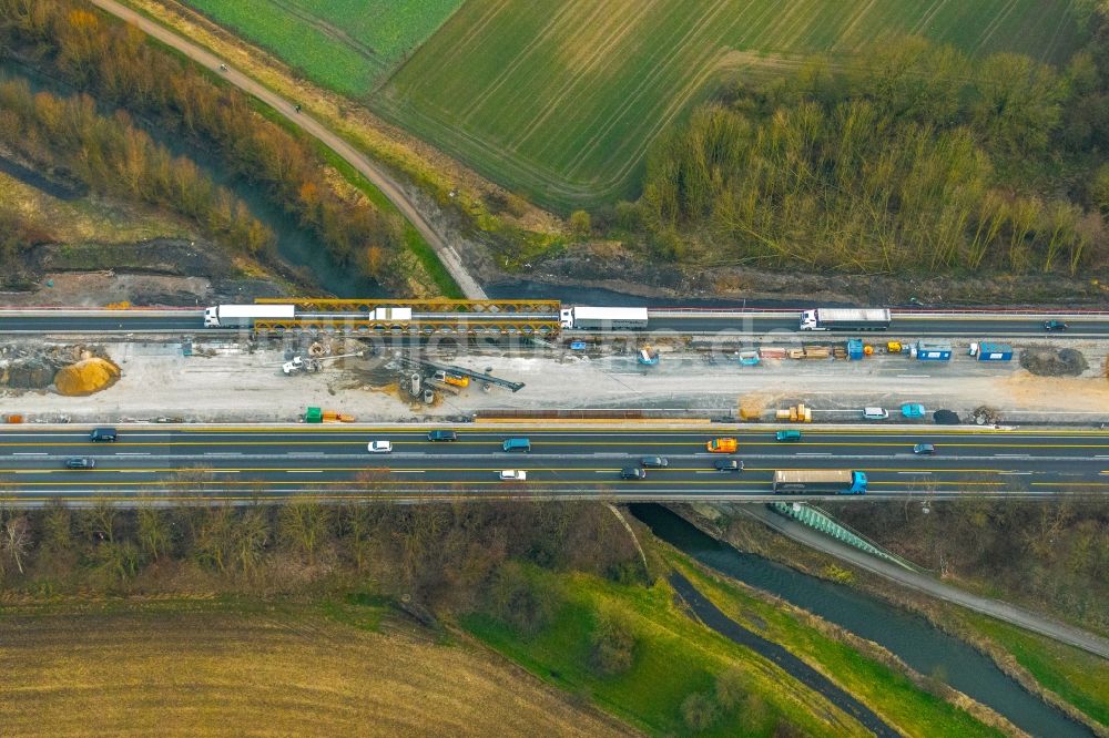 Luftaufnahme Kamen - Baustelle zum Neubau des Autobahn- Brückenbauwerk der BAB A2 im Ortsteil Methler in Kamen im Bundesland Nordrhein-Westfalen, Deutschland